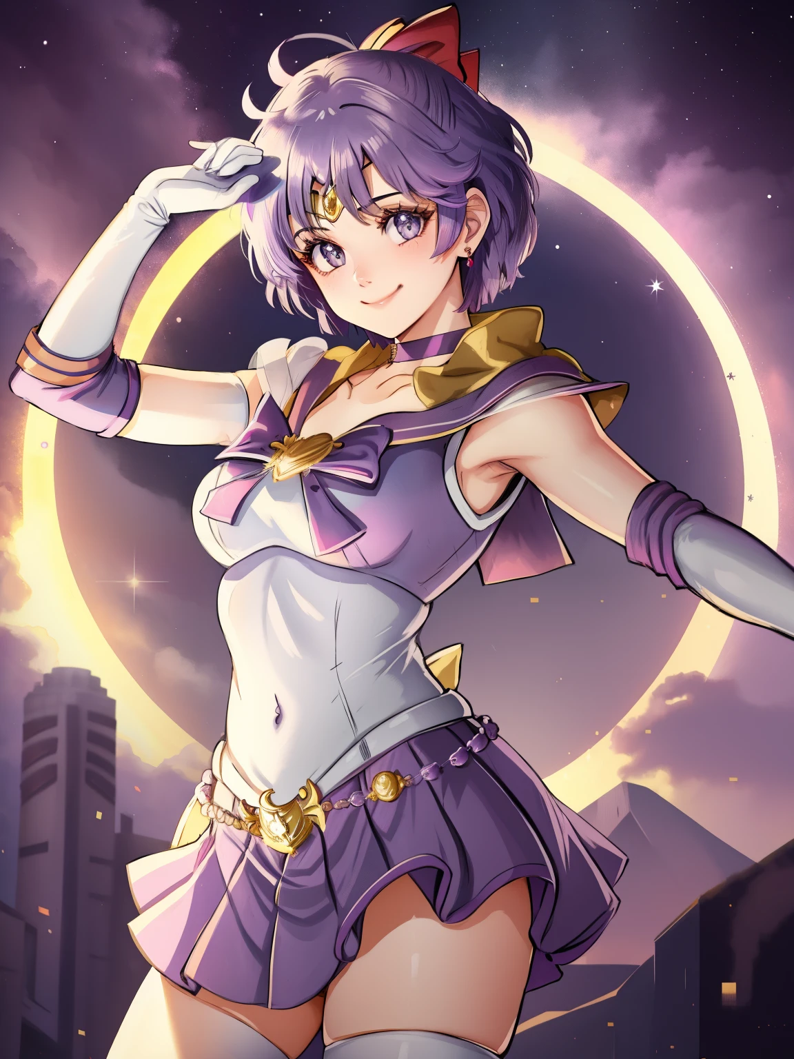 warBernie, hair bow, short hair ,grey eyes, purple hair, sailor senshi uniform, purple skirt, elbow gloves, tiara, purple sailor collar, red bow, purple choker, white gloves, jewelry, smile