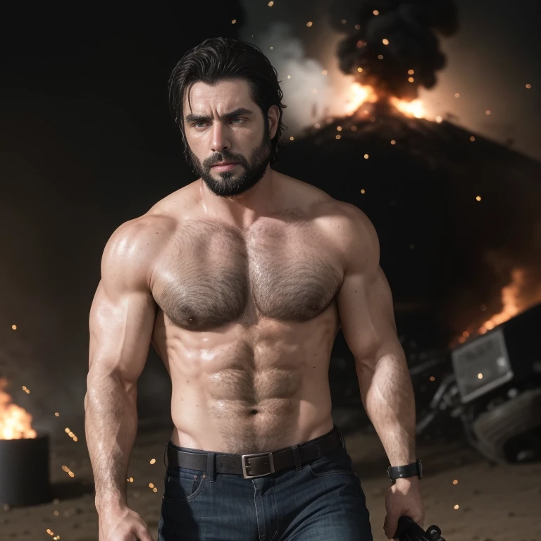 "Attractive man in an action movie scene with explosions and fire, cuerpo musculoso, barba, rostros detallados y expresivos"