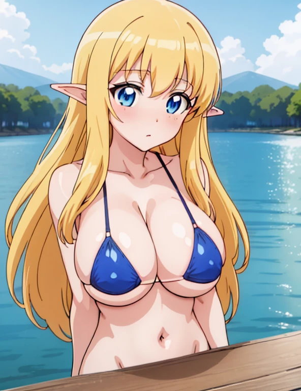 (masterpiece, best quality, high resolution, anime colored, anime screencap, 8k, detailed), tifania, The Familiar of Zero, blue eyes, blush, elf, long hair, pointy ears, blonde hair, sagging large breasts, cleavage, white micro bikini, (from Front), (upper body:1.5), sit, looking at view, sunshine, lake,