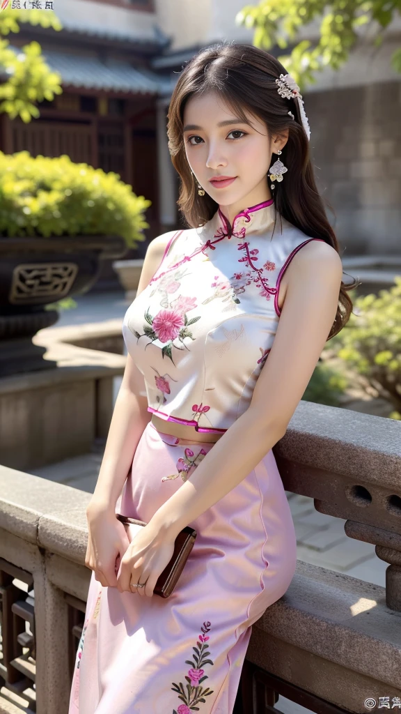 ulzzang -6500-v1.1, (Photo raw:1.2), (Photorealistic:1.4), Delicate beautiful girl, Glittering eyes have a very pleasant atmosphere................ . ......,13 years old, Attractive eyes and moist lips, cabelos preto e longos,（ssmile：1.3）,Detailed facial depiction, Formula details, Detailed facial feature depiction Star Masterpiece Fine Detail, Explain the role You in detail ,Detailed hair drawing, Carefully drawn, My body is wavy, Detailed hand drawing, Detailed drawing of clothes, Detailed drawing of face, Perfect face, Detailed hand drawing, 4 fingers and 1 thumb：1 ,3）,orthofacial,choker necklace, earrings, Expert work, Very close to reality, (Full body photo： 1.5）), Highest image quality, best quality, unlimited details, 8K分辨率,(( (Beautiful patterned embroidered cheongsam 1.5))),(((Bright pink long skirt cheongsam))),(Ancient courtyard scene：1.3）,Smile, Narrowed lower back, sexy pose,Bold pose, Beautiful legs visible through the slit of the long skirt , big full breasts, neat flowing hair,(Full Body), (cute face: 1.15), (big breasts: 1.2) high heels, big sexy hips, medium sexy thighs