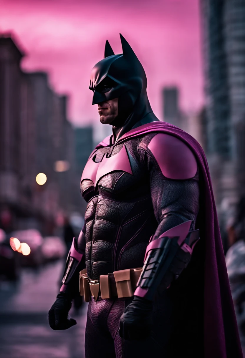 Batman with pink suit, in center of city,hyperrealistic,detailed