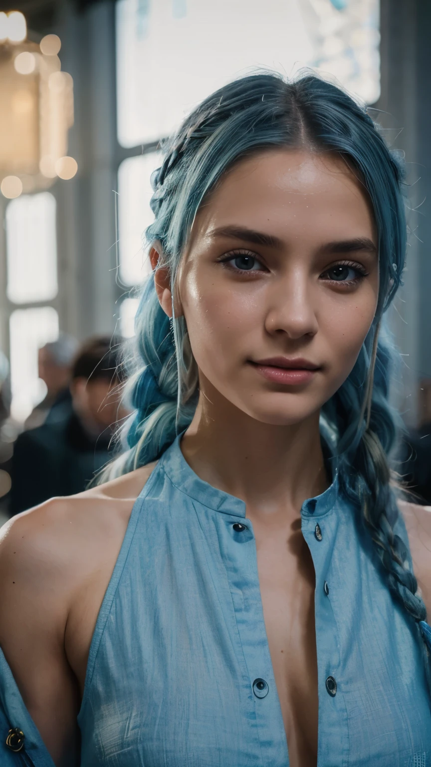 23 year old woman, beautiful woman, cute smile, light blue hair, long braided hair, vibrant blue hair, Gucci, fashion model, fully clothed, winter Gucci outfit, expensive store, clothes shop, luxury, highest quality, ultra realistic, hd, HDR, hyper detailed, professional photoshoot, cinematic, ultra detailed, beautiful body, visually rich, concept art, luminous, intricate details, subtle colors, extremely detailed, ultra sharp focus, light particles, attention to detail, grandeur and awe, stunning visual masterpiece, double exposure, 32k, photorealistic, strong outlines, cinematographic scene, highest quality