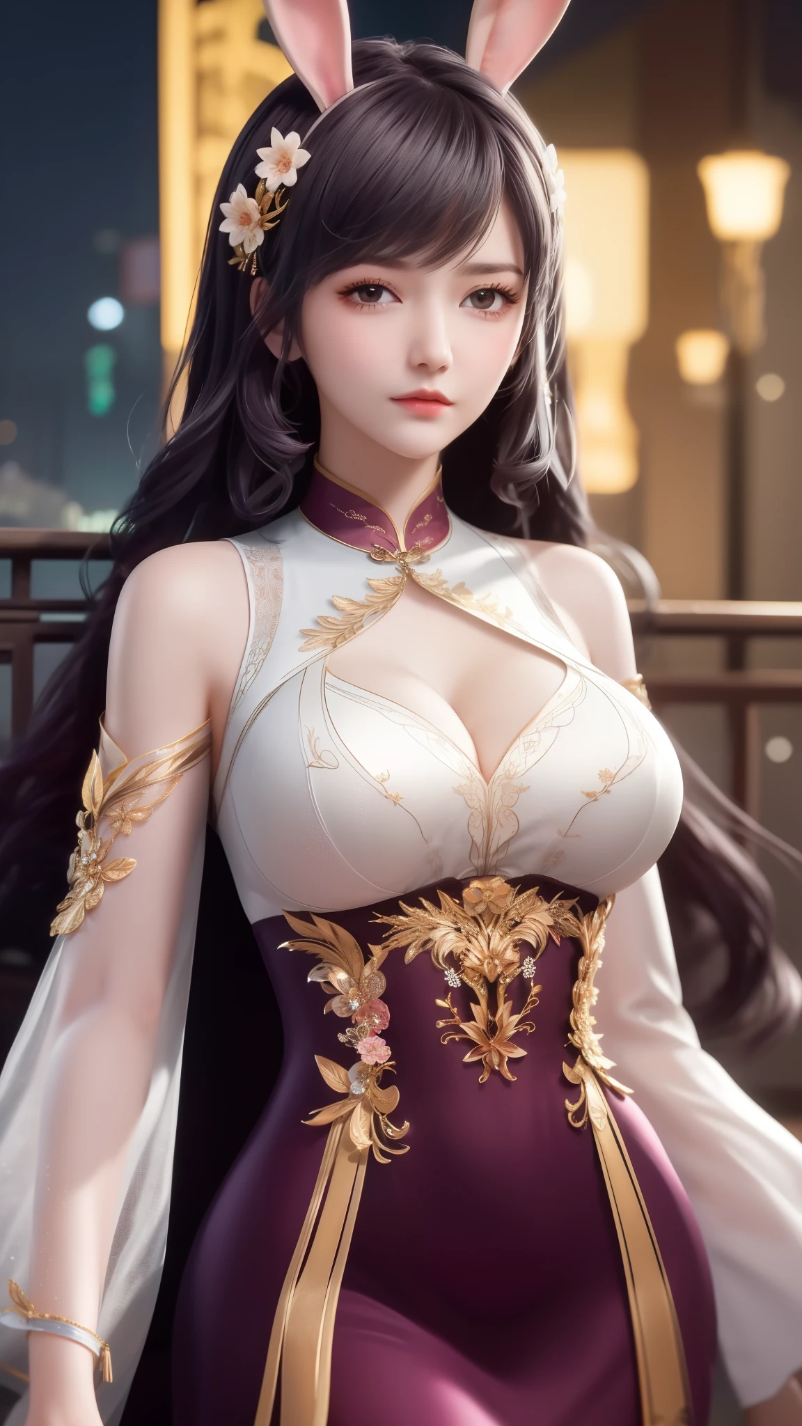 1girl,mature female, looking at viewer, cityscape, night, hair ornament, long hair, fake animal ears, skirt,shirt,clothing cutout, rabbit ears, detached sleeves,A lovely beautiful girl，lovely and delicate，Peerless beauty，Delicate hair accessories，pitying，（messy  hair），Costume in lace，Supple skin，Fashionab，A delicate painting，Clover hairpins，Blue，Ultra-high image quality，8K，depth of fields，（Macro lens），Ambient lighting，high light，Upper body animation style,Comics,High quality above the waist，巨大的胸部，巨大的胸部，露出胸部，露出乳房，