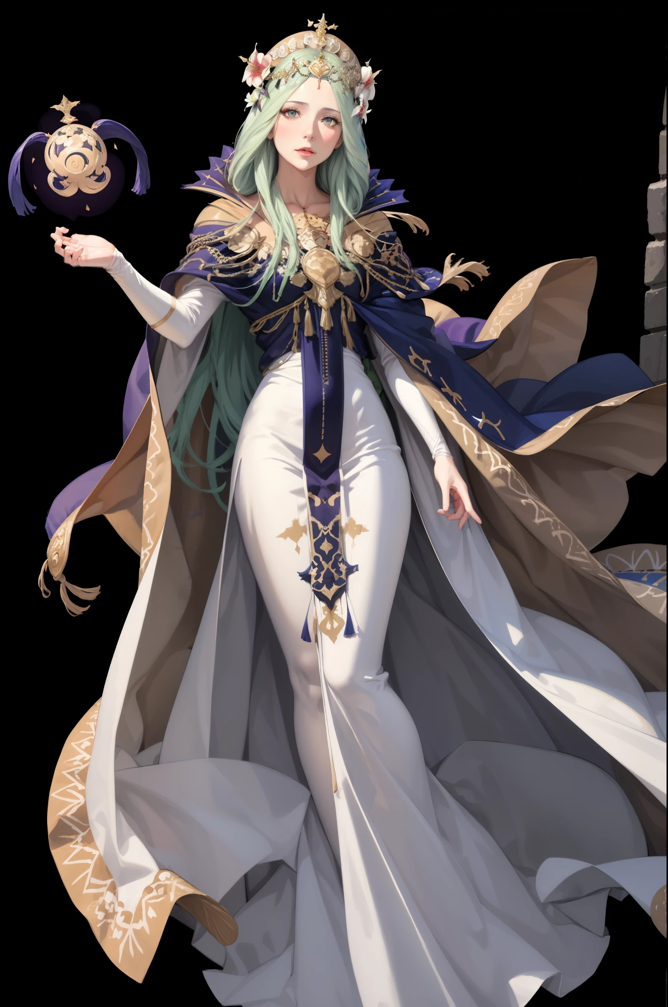 masterpiece, best quality, defRhea, headdress, hair flower, tiara, blue cape, long white dress, raised arm, full body, standing, black background, magic, casting spell, FEH 