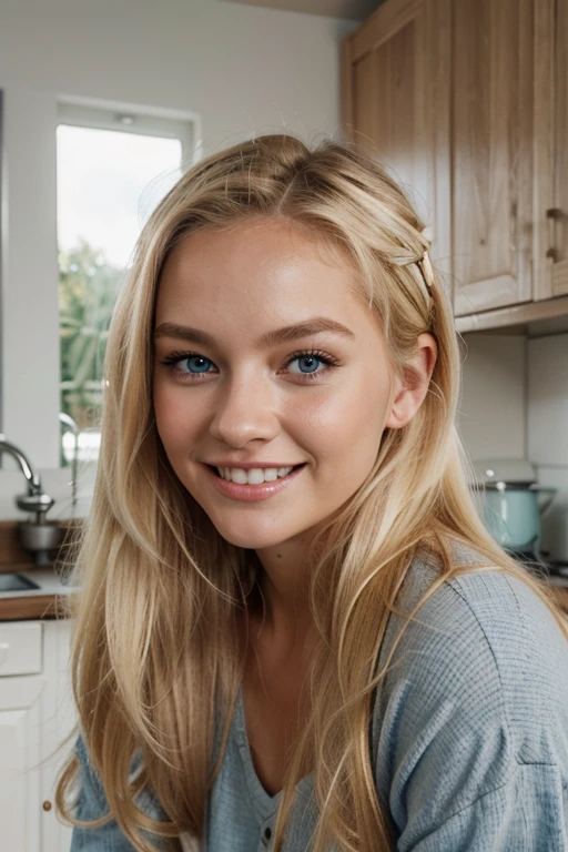 full body picture in the kitchen, cozy outfit, laughing with beautiful teeth, happy face, a little bit of impure skin, skin realistic, at home, cute outfit, young and cute face, chubby, best quality, Meisterwerk, Realistisches Foto, Komplizierte Details, RAW-Foto, Ultra-detailliert, blondes haar, cute face, Körpchengröße B, blondes Haar, perfekte und blaue Augen, HD quality, 8K, young woman, 20 Jahre alt