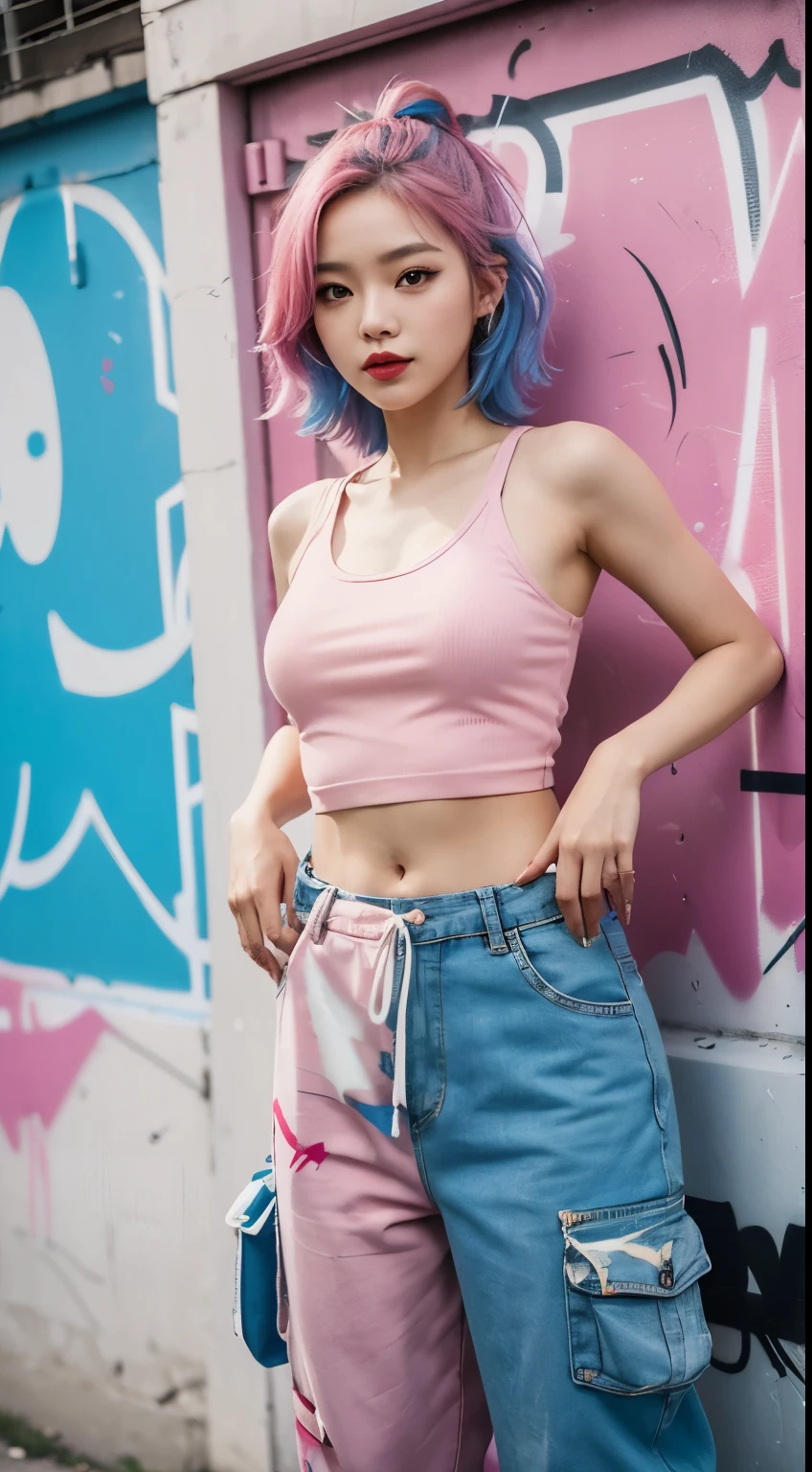 Cute Japanese woman, (16 years old), (very cute face: 1.3), red lips, white moist skin, moles, melancholy expression,
BREAK,
Female fitness model body, hard-toned feminine body, (muscles: 1.2), (beautiful belly button),
BREAK,
Martial artist, kung fu fighter, idol,
BREAK,
(oversized jeans: 1.3), (tank top), (sneakers), very large earrings, short length,
BREAK,
Short hair, (short bob hair), (bangs: 1.2), (pink hair: 1.3), (wavy hair),
BREAK,
(very large Japanese sword: 1.4), (holding the handle of a Japanese sword in hand: 1.3), (fighting: 1.2), (taking a fighting stance), (beautiful Japanese sword blade: 1.2)
BREAK,
(Japanese tattoo: 1.4),
BREAK,
Masterpiece, perfect lighting, ultra-high resolution, 8K, (Highly detailed:1.4), (front view), looking at camera,
BREAK,
(Tokyo Tower:1.2), background of Tokyo Tower in Japan, (neon lights:1.2)