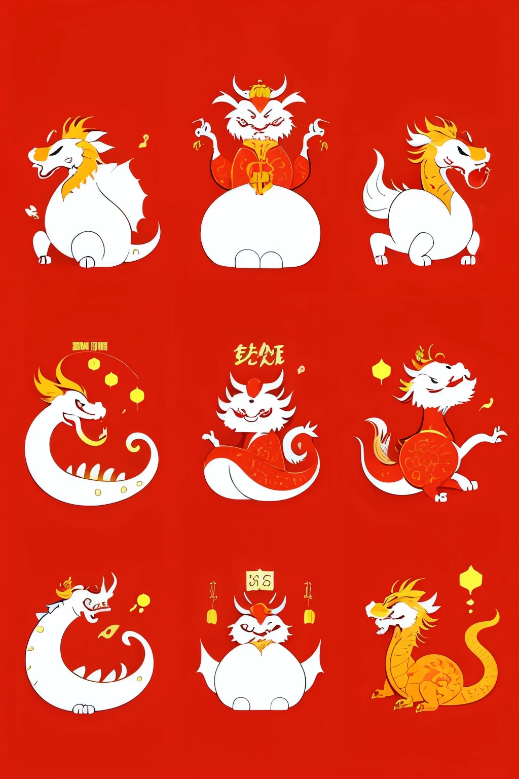A charming scene of Chinese new year celebration with a sheet of red dragon stickers in the foreground. The dragons, both a cute red and an orange one adorned with dragon horns, bring lively movements and expressions, showcasing various poses and emotions. The white background provides a clean canvas for the full-bodied illustrations.

Doodled in the style of Keith Haring, the dragons come to life with bold lines and solid colors, simple details that capture their essence. No wings are included in this minimalist design, following the 5-S principles with a 400dpi resolution and a 1:1 size ratio for clear and sharp presentations.