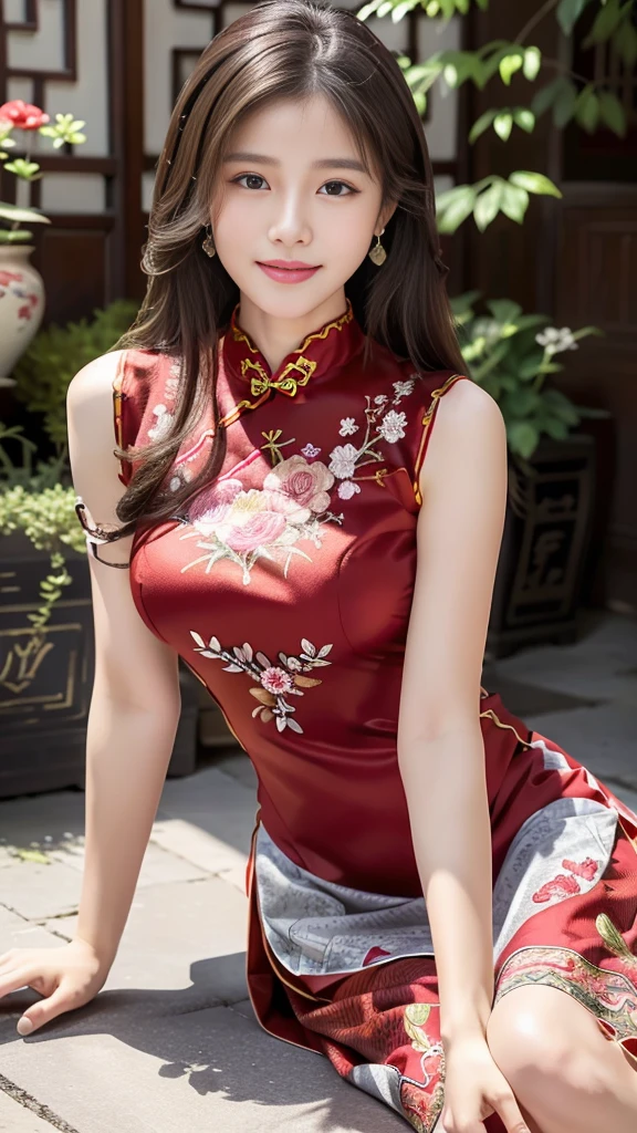 ulzzang -6500-v1.1, (Photo raw:1.2), (Photorealistic:1.4), Delicate beautiful girl, Glittering eyes have a very pleasant atmosphere................ . ......,13 years old, Attractive eyes and moist lips, cabelos preto e longos,（ssmile：1.3）,Detailed facial depiction, Formula details, Detailed facial feature depiction Star Masterpiece Fine Detail, Explain the role You in detail ,Detailed hair drawing, Carefully drawn, My body is wavy, Detailed hand drawing, Detailed drawing of clothes, Detailed drawing of face, Perfect face, Detailed hand drawing, 4 fingers and 1 thumb：1 ,3）,orthofacial,choker necklace, earrings, Expert work, Very close to reality, (Full body photo： 1.5）), Highest image quality, best quality, unlimited details, 8K分辨率,(( (Beautiful patterned embroidered cheongsam 1.5))),(((red long skirt cheongsam))),(Ancient courtyard scene：1.3）,Smile, Narrowed lower back, sexy pose,Bold pose, Beautiful legs visible through the slit of the long skirt , big full breasts, neat flowing hair,(Full Body), (cute face: 1.15), (big breasts: 1.2) high heels, big sexy hips, medium sexy thighs