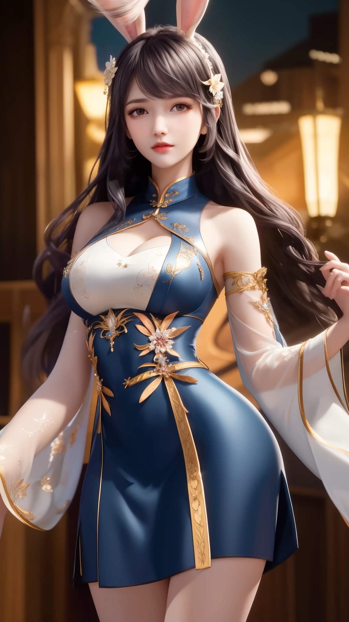 1girl,mature female, looking at viewer, cityscape, night, hair ornament, long hair, fake animal ears, skirt,shirt,clothing cutout, rabbit ears, detached sleeves,A lovely beautiful girl,lovely and delicate,Peerless beauty,Delicate hair accessories,pitying,(messy hair),Costume in lace,Supple skin,Fashionab,A delicate painting,Clover hairpins,Blue,Ultra-high image quality,8K,depth of fields,(Macro lens),Ambient lighting,high light,Upper body animation style,Comics,High quality above the waist,巨大的胸部,巨大的胸部,露出胸部,露出乳房,