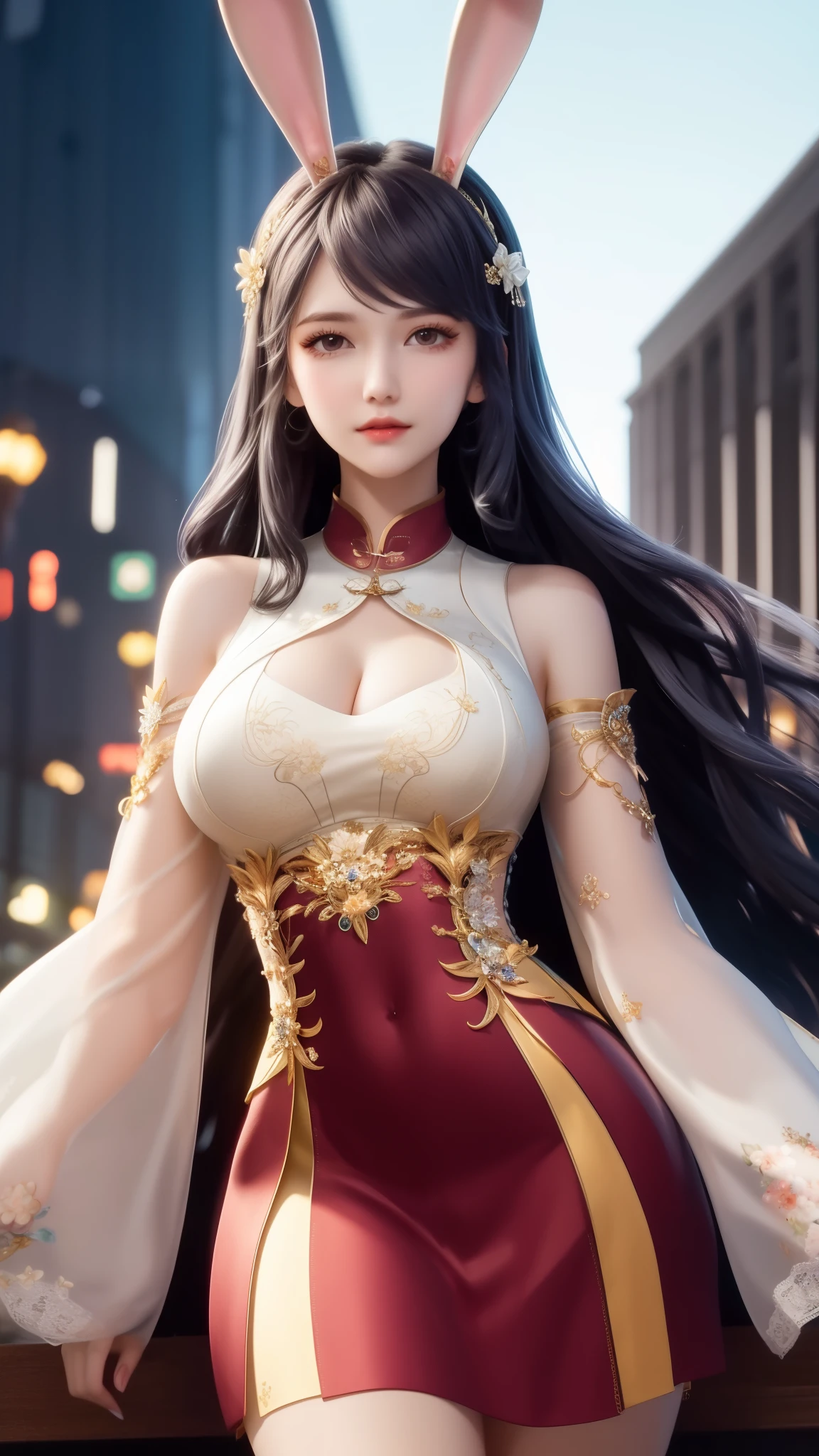 1girl,mature female, looking at viewer, cityscape, night, hair ornament, long hair, fake animal ears, skirt,shirt,clothing cutout, rabbit ears, detached sleeves,A lovely beautiful girl，lovely and delicate，Peerless beauty，Delicate hair accessories，pitying，（messy  hair），Costume in lace，Supple skin，Fashionab，A delicate painting，Clover hairpins，Blue，Ultra-high image quality，8K，depth of fields，（Macro lens），Ambient lighting，high light，Upper body animation style,Comics,High quality above the waist，巨大的胸部，巨大的胸部，露出胸部，露出乳房，