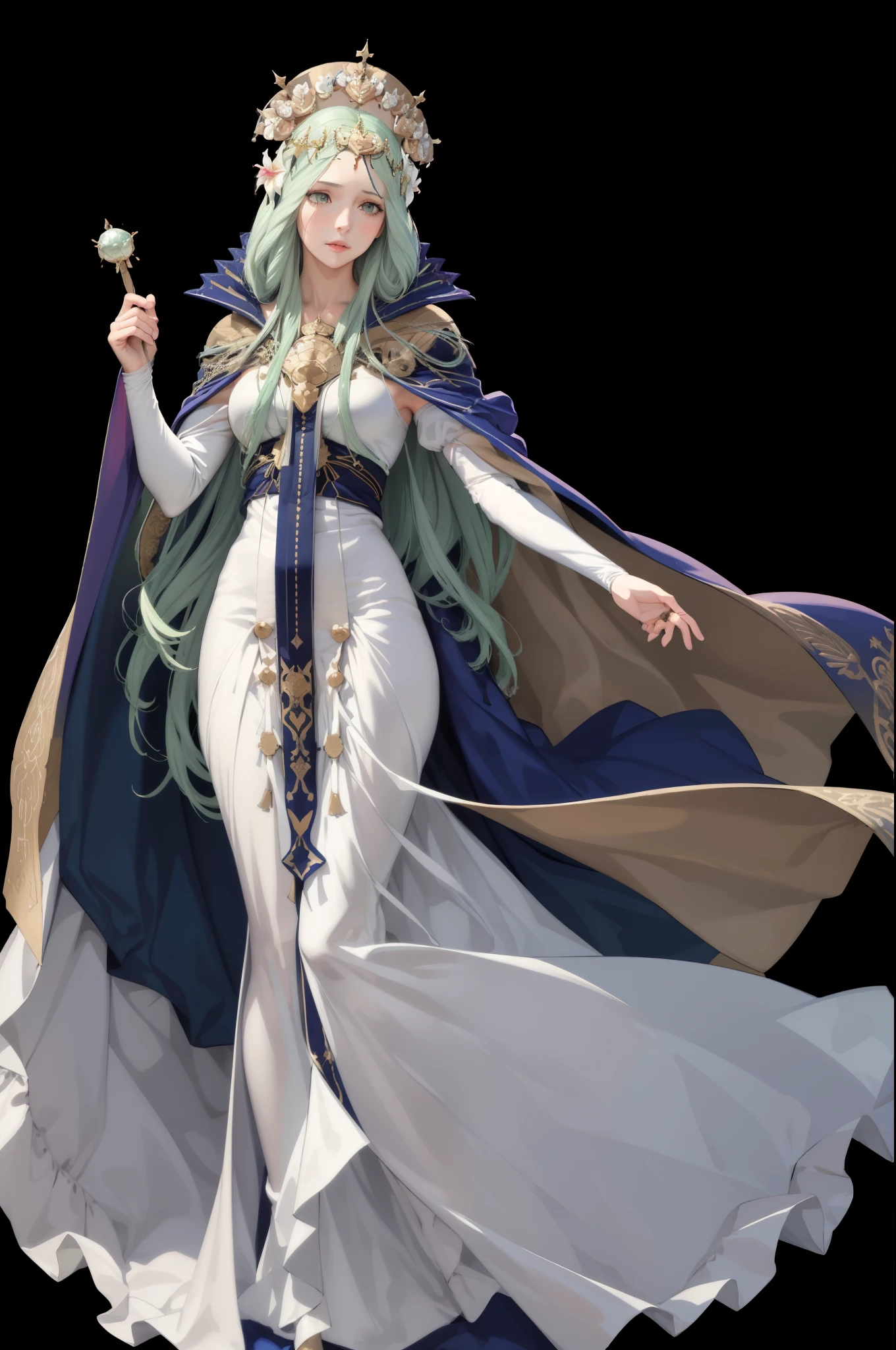 masterpiece, best quality, defRhea, headdress, hair flower, tiara, blue cape, long white dress, raised arm, full body, standing, black background, magic, casting spell, FEH 