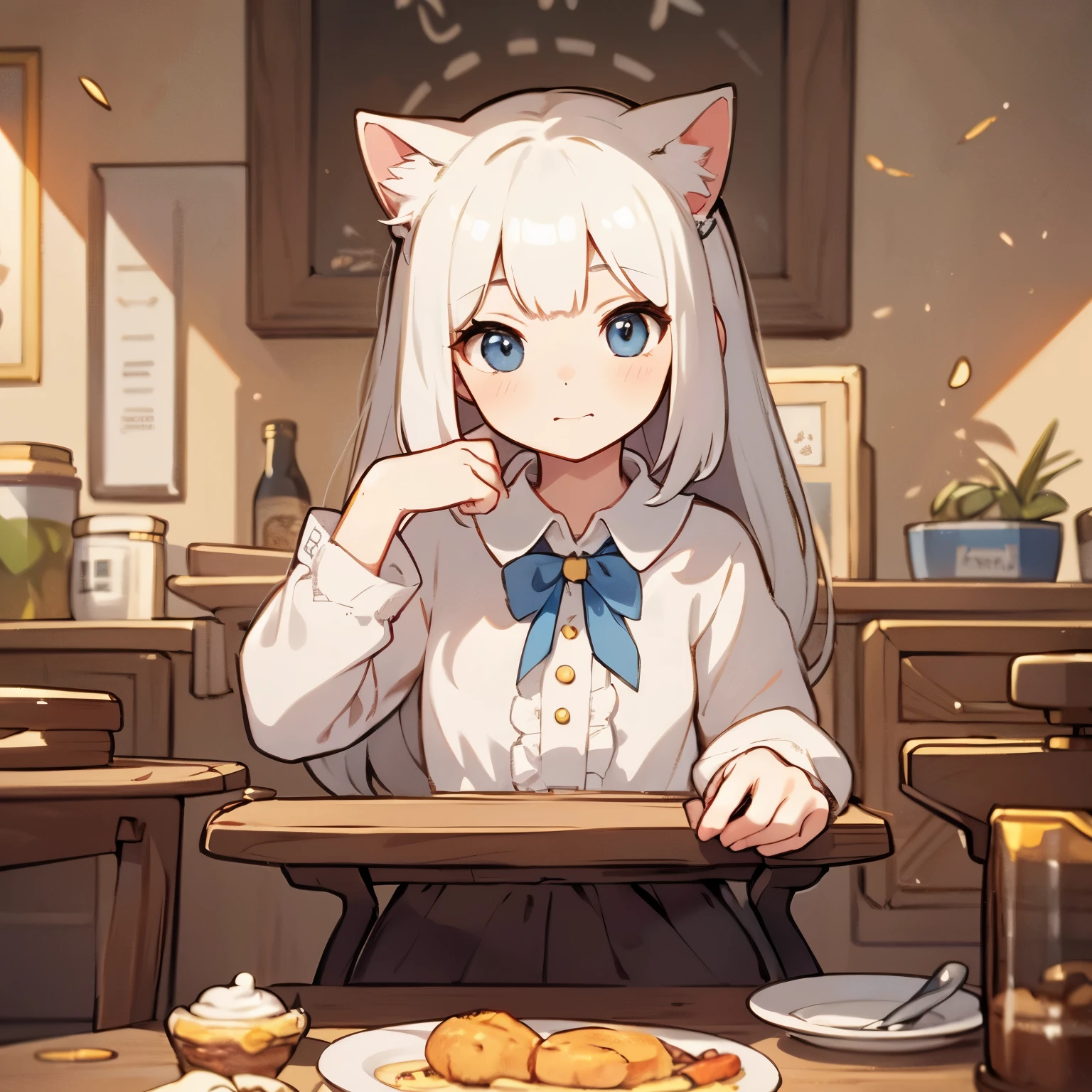 Very cute cat、great quality、white hair、beautiful background、clear image、With cats（（（（Cute Cat 1.2））））Girl with a cat,(((Personage as the main perspective))),(((characters in the middle))),((table top)),((highest quality)),(super detailed),(figure),Clear margins,Alphonse Mucha,Highly detailed CG Unity 8K wallpaper,((very delicate and beautiful)),(dynamic angle),,[[[[[[8K artistic photography]