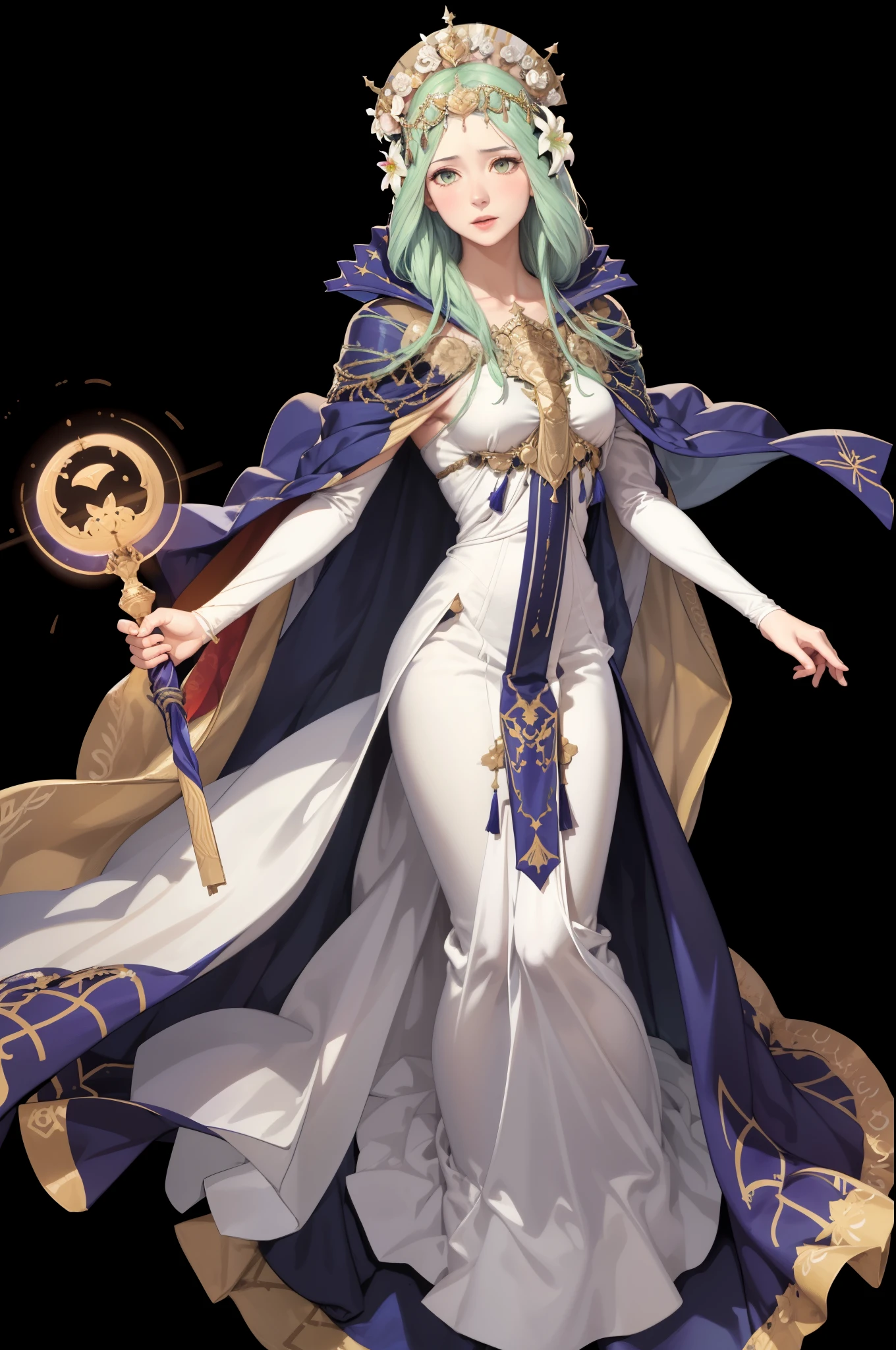 masterpiece, best quality, defRhea, headdress, hair flower, tiara, blue cape, long white dress, raised arm, full body, standing, black background, magic, casting spell, FEH 