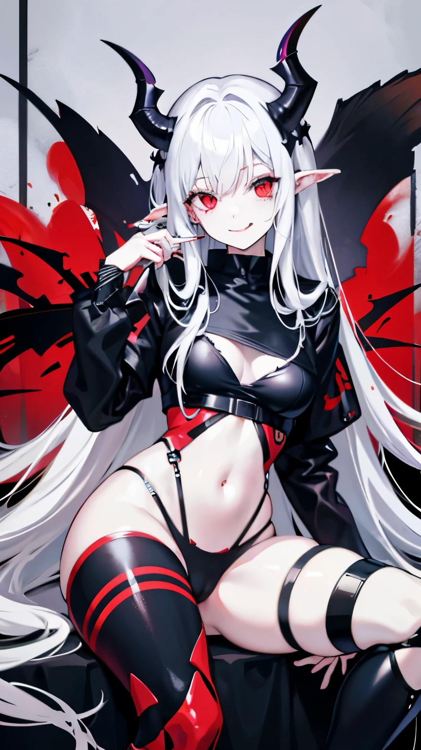 pale skin,dark风,wearing leg rings,long white hair,black eye shadow,red eyes,Abstinence,dark,goat horn,sickle,grim Reaper,sitting,succubus,Open the legs,Smile,Sticking out tongue,Battle damage,Broken clothes,camel toe
