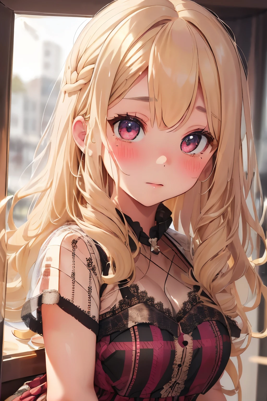 girl,cute,(blonde:1.2),(long hair with curls:1.2),(With bangs),(Eye size:1.5),(Plaid dress:1.3),(dress with lots of lace:1.35),(close up of face:1.2),(blush:1.2),(girl in glass bottle:1.4),(NSFW),