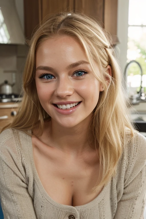 full body picture in the kitchen, cozy outfit, laughing with beautiful teeth, happy face, a little bit of impure skin, skin realistic, at home, cute outfit, young and cute face, chubby, best quality, Meisterwerk, Realistisches Foto, Komplizierte Details, RAW-Foto, Ultra-detailliert, blondes haar, cute face, Körpchengröße B, blondes Haar, perfekte und blaue Augen, HD quality, 8K, young woman, 20 Jahre alt