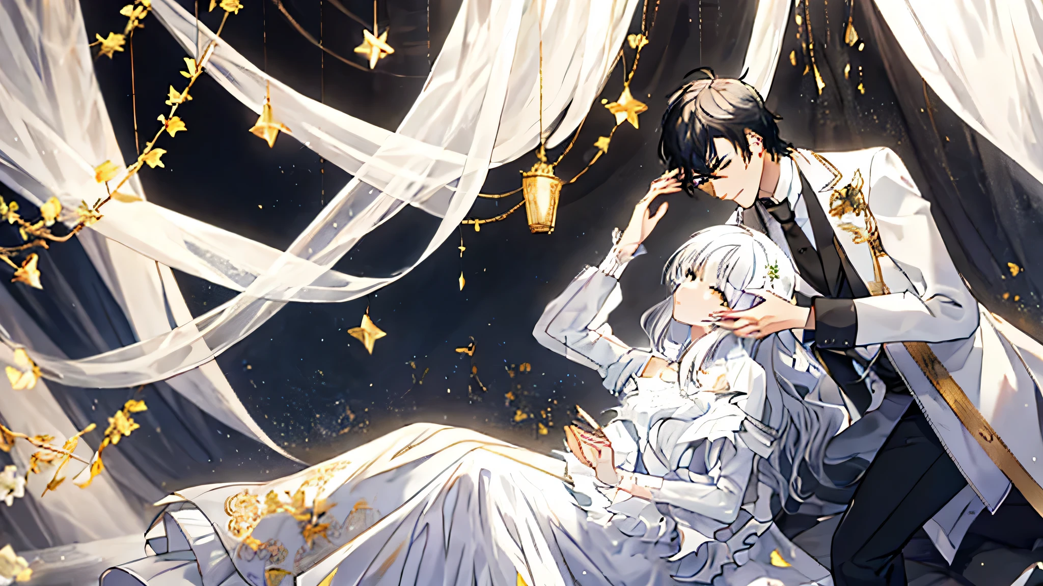 Under the stars at night, A dark-haired boy wearing a dark tie, white classic suit, black pants, Gold-edged rose pattern on cuffs. sitting on a window sill, A brown-haired girl wearing a white lace wedding dress,Transparent white sleeves, leaning on boy's lap. The window frame is covered with some roses, A cluster of white hydrangeas in the lower right corner, There is a branch with green leaves on it, There are some red ribbons on the branches. shiny skin, Natural light, and rich details