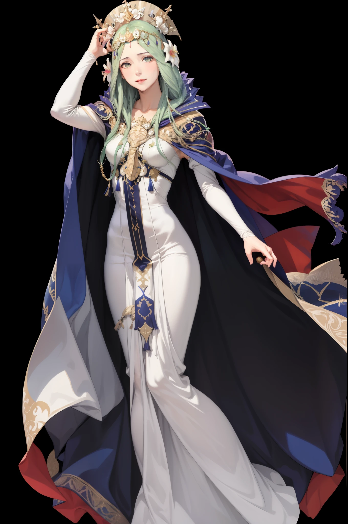 masterpiece, best quality, defRhea, headdress, hair flower, tiara, blue cape, long white dress, raised arm, full body, standing, black background, magic, casting spell, FEH 