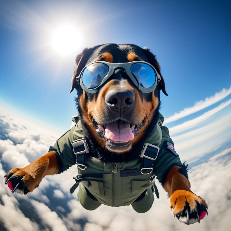 Rottweiler wearing glasses and a jacket flying in the sky, (cachorro) salta da montanha, retrato do jato lutador fugindo, militares, atirando no ar alto, obturador, flying towards the camera, flying through the sky, cachorro in a space suite, retrato em close, absorvendo uma jaqueta voadora, paraquedismo, (Rottweiler) pula a colina