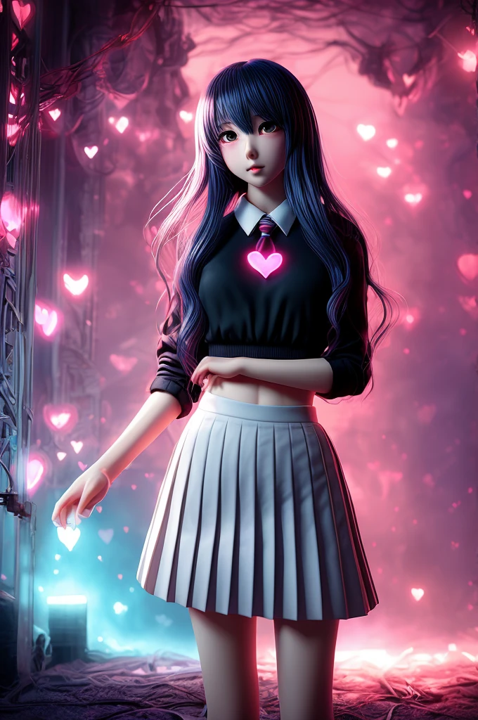 Anime illustration, a woman, heart hands, heart pose, pleated skirt, school uniform, heart pattern around, Pink glowing heart background, Exaggerated heartbeat, dreamlike art, dreamy, Surreal, Volumetric lighting, enhance, intricate, (best quality, masterpiece, Representative work, official art, Professional, 8k)