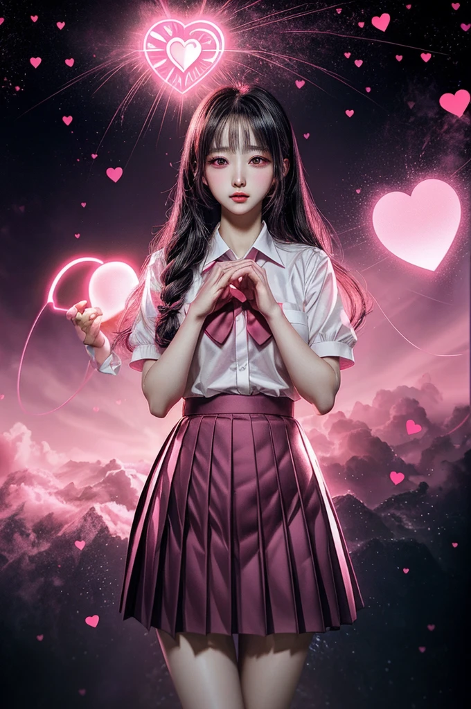 Anime illustration, a woman, heart hands, heart pose, pleated skirt, school uniform, heart pattern around, Pink glowing heart background, Exaggerated heartbeat, dreamlike art, dreamy, Surreal, Volumetric lighting, enhance, intricate, (best quality, masterpiece, Representative work, official art, Professional, 8k)