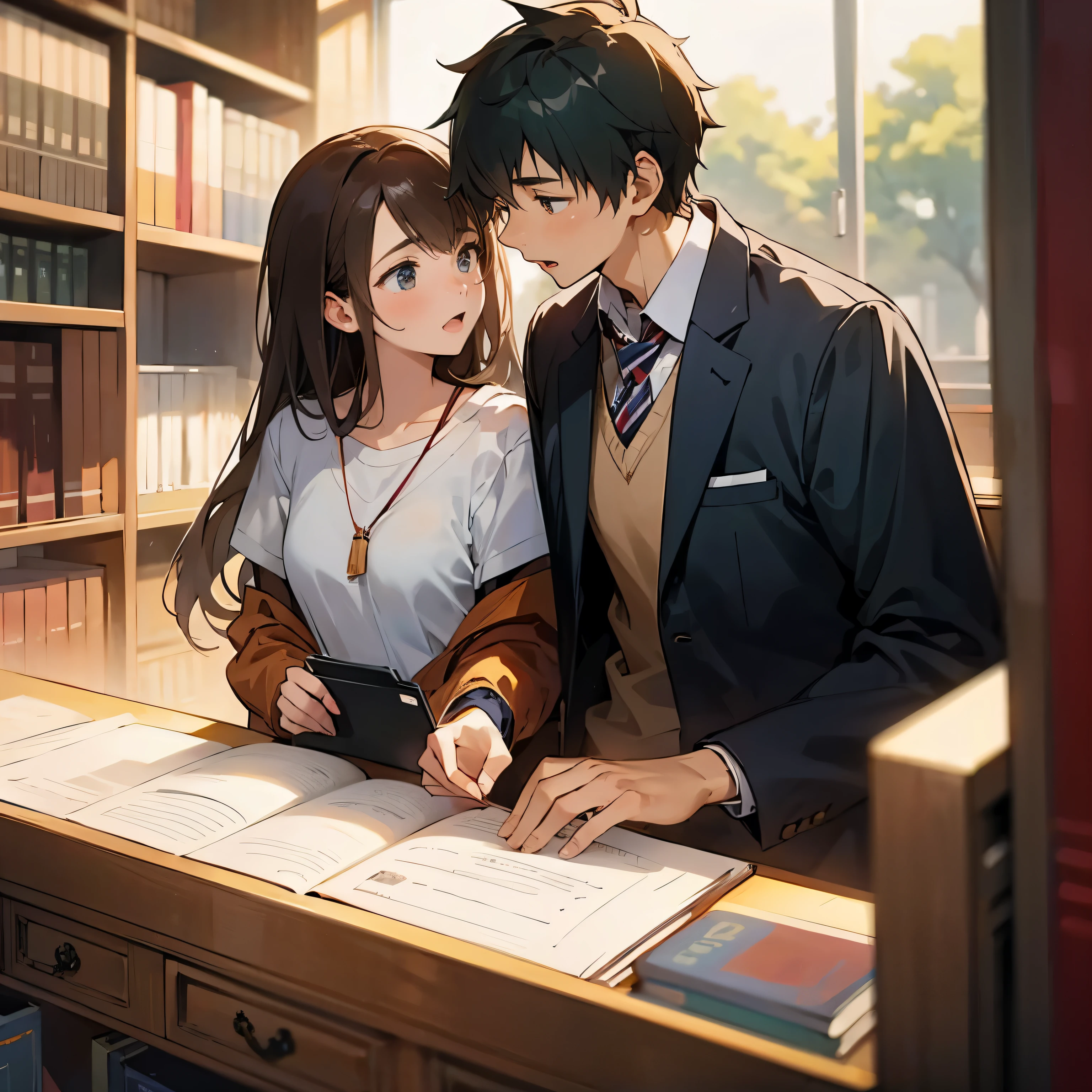 High school couple、library