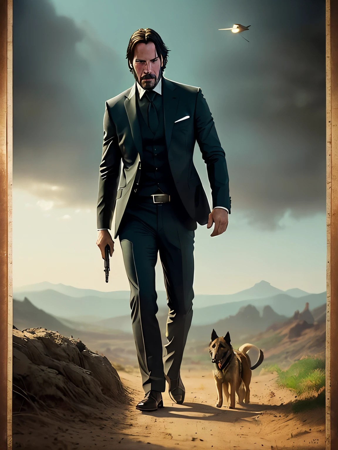 Keanu Reeves como John Wick, walking a German shepherd puppy, Efeito VHS, (poster: 1.6), cartaz na parede, nostalgia, Movie poster, retrato (textura da pele), Detalhamento complexo, pequenos detalhes, Hipergranularidade, rastreamento de raio, underground dispersal, soft diffused lighting, profundidade superficial de campo, Oliver Vetter, Intricado, alto detalhe, sharp focus, dramatic effect, Pintura fotorrealista (Greg Rutkowski:1.4), Bokeh