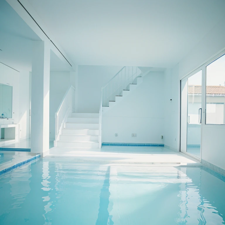 Liminal space, many pools, blue water, white floor tile everywhere, the backrooms, poolrooms, stairs, 90’s camcorder effect, white everywhere, no furniture, empty space, no windows, nonsensical architecture