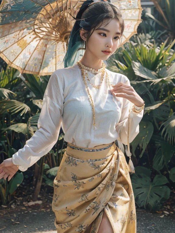 (masterpiece), (best quality), (ultra detailed),(disheveled hair),(illustration), (1girl), (old Fashionable burmese clothing), standing, ild Fashion model, looking at viewer, (interview), (simple background),beautiful detailed eyes, delicate beautiful face, Floating,(high saturation),(colorful splashes),(shining), focus on face,  ponytail, kamisato ayaka, light blue hair, bangs, hair ring, floating flowers, floating hairs, (shining), best lighting, best shadow,(best quality,8k,highres,masterpiece:1.2),ultra-detailed,(realistic,photorealistic,photo-realistic:1.37),beautiful expressive eyes,long eyelashes,beautiful detailed lips,(((big ))),(big buttocks))),detailed hair and face, acmm ls outfit, wearing acmm top, yellow green acmm top, long sleeves, wearing acmm long skirt, gold green acmm long skirt, printed skirt,