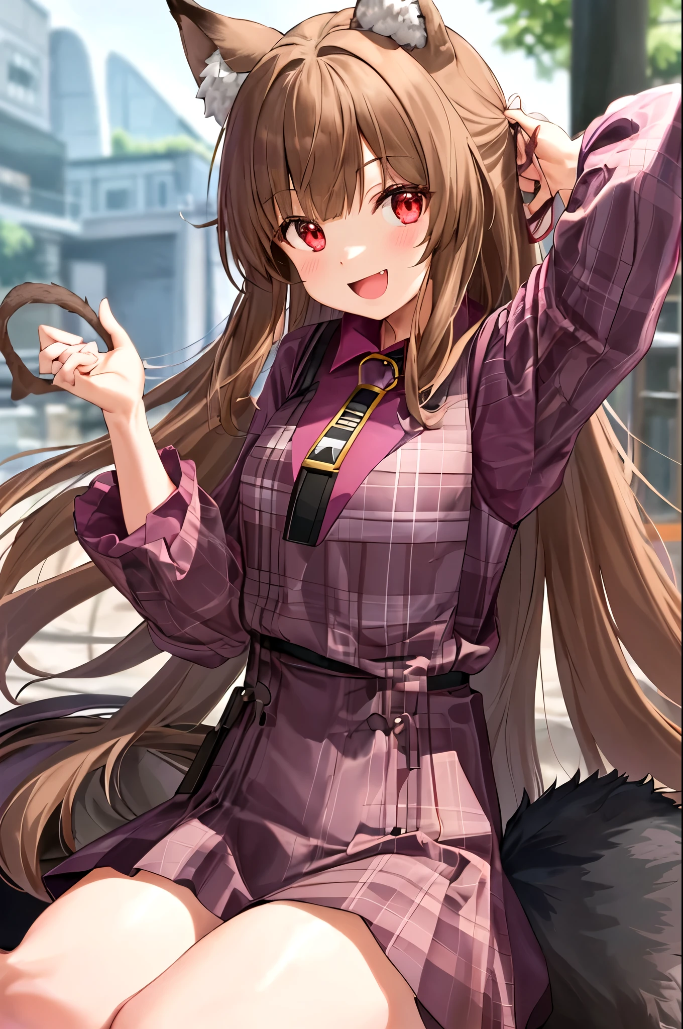 1 girl, portrait, animal ears, bangs, Light brown hair, floating hair, (Holo), (spice and wolf), ((Long sleeve purple shirt)), (black fur lined vest), (black fur lined skirt), (tunic), long hair, outdoors, ((red and pink checkered neck pouch)), (big wide smile), (red eyes), wide open mouth, fang, slender, ((fur dress)), smile, meadow, solo, (tail), wolf ears, wolf girl, wolf tail, sitting, pouch,  woman