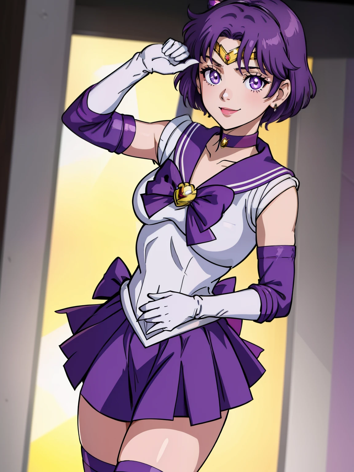 warBernie, hair bow, short hair ,grey eyes, purple hair, sailor senshi uniform, purple skirt, elbow gloves, tiara, purple sailor collar, red bow, purple choker, white gloves, jewelry, smile