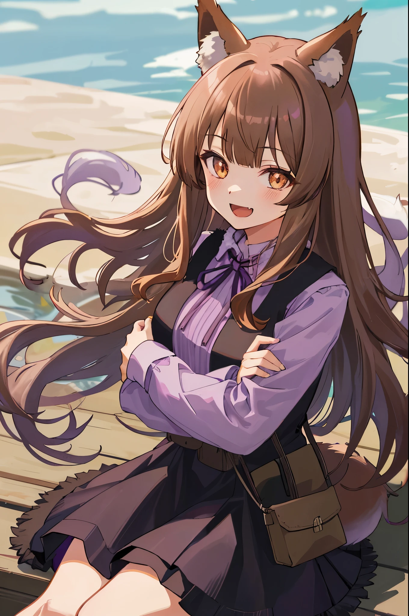 1 girl, portrait, animal ears, bangs, Light brown hair, floating hair, (Holo), (spice and wolf), ((Long sleeve purple shirt)), (black fur lined vest), (black fur lined skirt), (tunic), long hair, outdoors, ((red and pink checkered neck pouch)), (big wide smile), open mouth, fang, slender, ((fur dress)), smile, meadow, solo, (tail), wolf ears, wolf girl, wolf tail, sitting, pouch,  woman