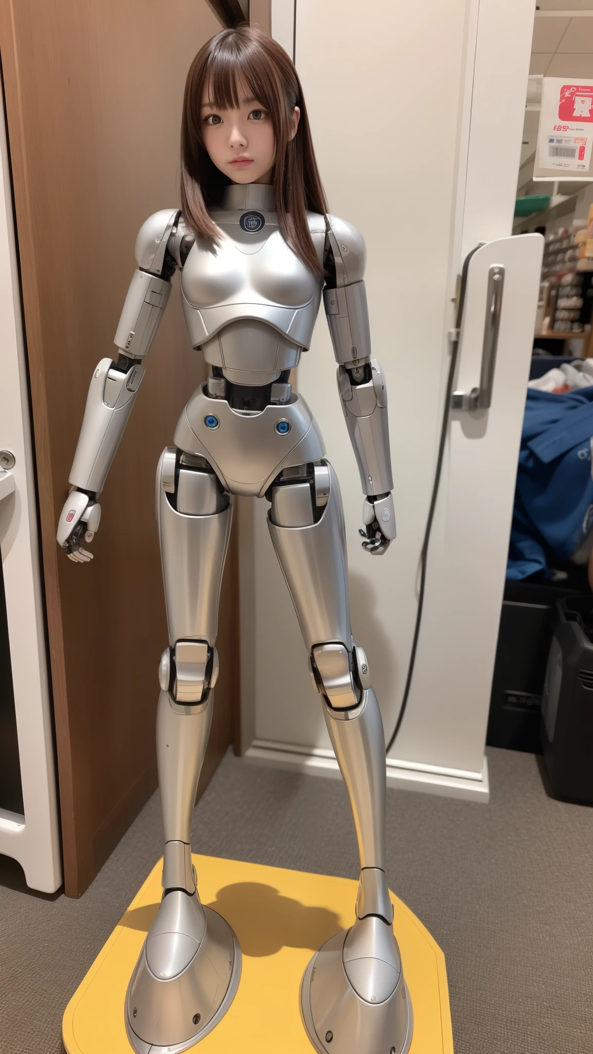 robot girl, pink there, Silver, Metallic body, Robot Parts, Metal Parts, Super Detailed Face, Super well-formed face, of the highest quality, a small face, a small head, Brown hair, slender body, Camera gaze, Internal Mechanical Exposure, Idol, Well-proportioned body, gravure, Photo session, Akihabara, Moe Pose, Standing with legs open, Model body type, sad, Embarrassing,(Perfect Robot Girl),(Perfect machine body)