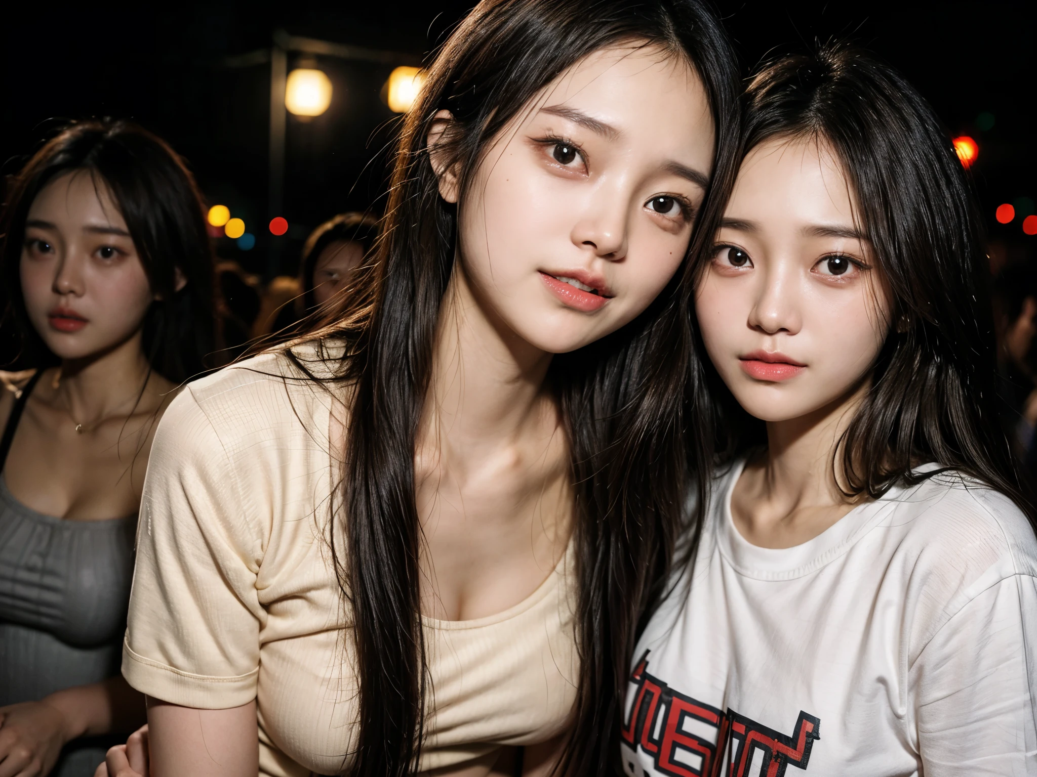 A college party, multiple asian girls, chaotic, good lightning, captured by a pro camera, detailed, sexy good looking, slim, expressive, lively, camera flash