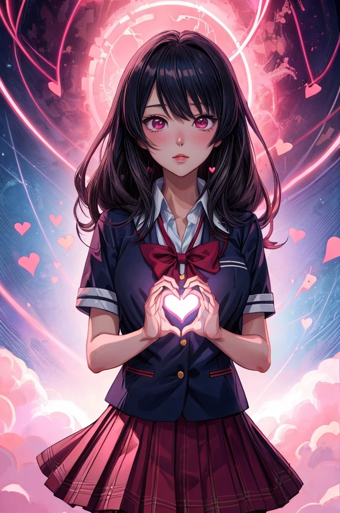 Anime illustration, a woman, heart hands, heart pose, pleated skirt, school uniform, Pink glowing heart background, heartbeat, dreamlike art, Surreal, enhance, intricate, (best quality, masterpiece, Representative work, official art, Professional, 8k)