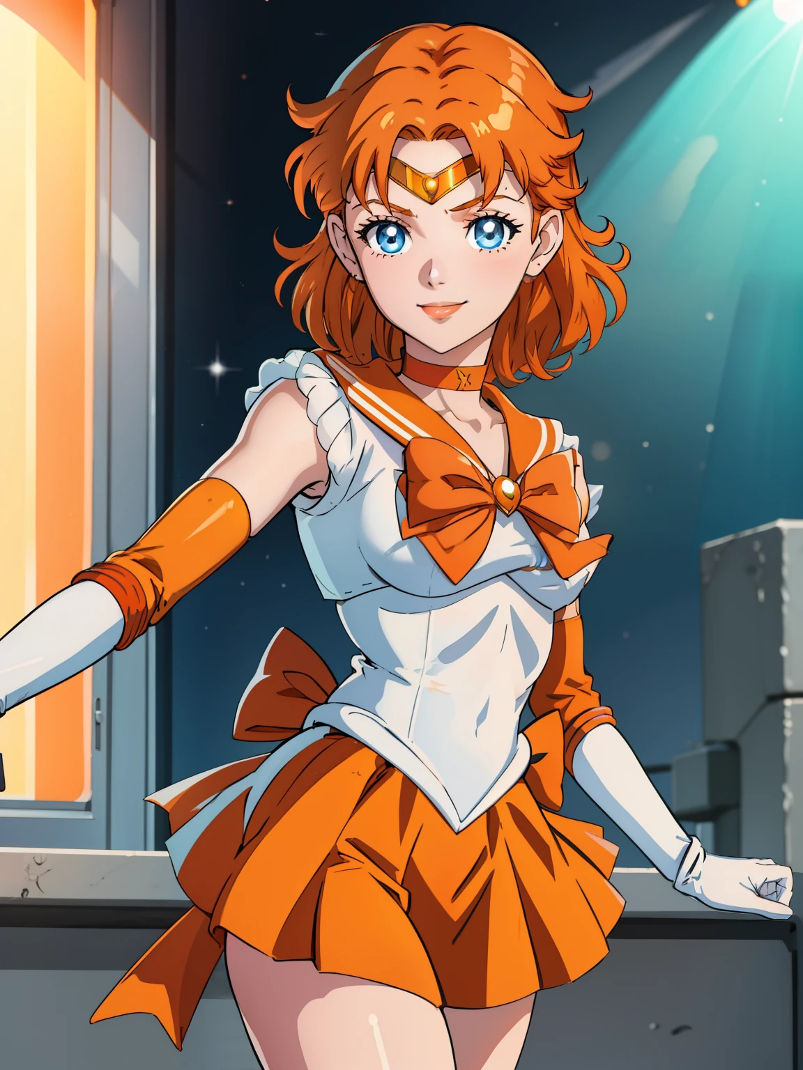 annette_war, blue eyes, orange hair, sailor senshi uniform, orange skirt, elbow gloves, tiara, orange sailor collar, red bow, orange choker, white gloves, jewelry, smile