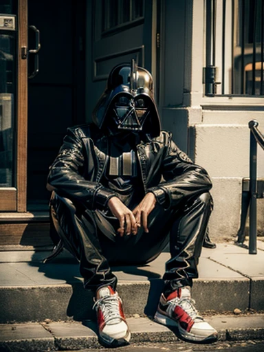 darth vader, wearing adidas sneakers, sitting at starbucks