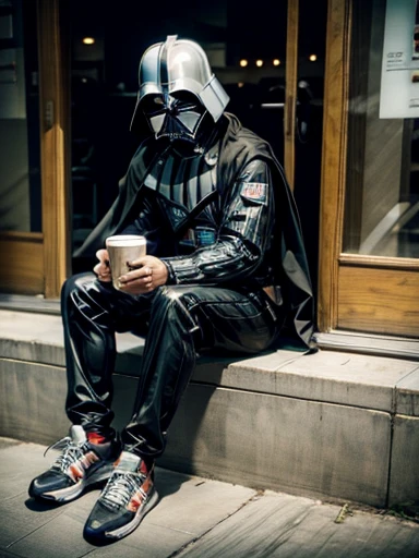 darth vader, wearing adidas sneakers, sitting at starbucks