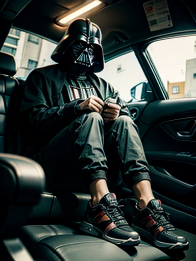 darth vader, wearing adidas sneakers, sitting at starbucks