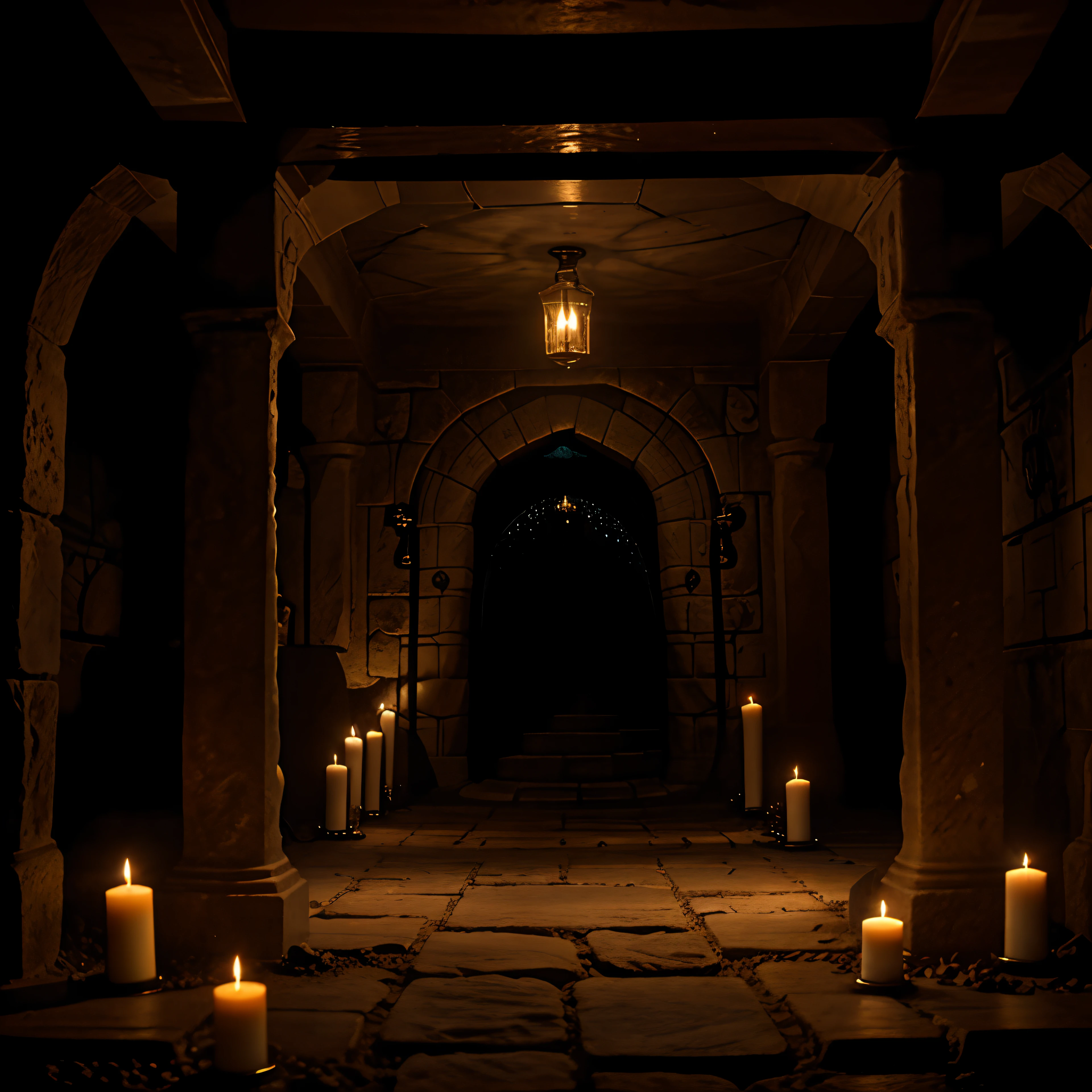 Underground temple, basement, gothic, dim, cobwebs, intricate, candles, illustration