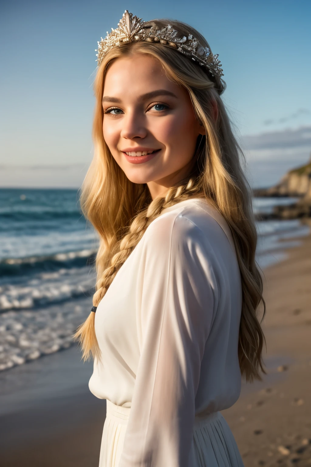 ,((Best quality))),8k,((Masterpiece)),(Extremely refined and beautiful), there is a girl coming out of the sea, a swan princess in Russian mythology, beautiful calm face, blue eyes, long blonde hair braided, the moon braided hair on the back of the head, white old Russian shiny clothes with a Kokoshnik crown on his head, affectionate eyes, half a smile, a gentle expression on his face, seascape and sunlight in the background, seagulls in the sky, full length, realism