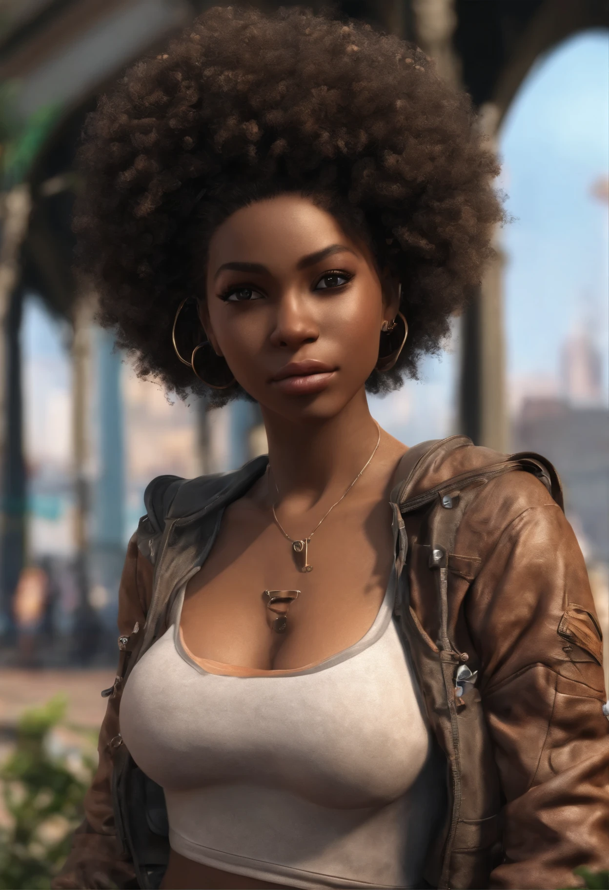 ((Dark African skin, very deep ebony skin)), ((Her beauty is undeniable)), ((cute excited face)), ((Hyper detailed perfect eyes,)), ((cute pose)), ( (Language out)), ((Attractive )), sexy, ((Tight knit shirt, sexy short shorts)), ((Afro curly african hair afro afro ponytail,)), ((skin)), (( standing, back view )), ((touching own legs in sexy pose)), ((shows her ass well)), ((outdoors, Public city)), Focused CGI, Fotorrealista, high detail, Realistic, Part mistress, Absurd, best quality, Hdr, High quality, High definition, extremely detailed, 8k wallpaper, Intricate details, 8K UHD, Full-HD, (Photo realistic:1.2), contrast, Strong lighting, Cinema lighting, lighting natural, hard light, backlight, global illumination, ambient occlusion, shows your ass well, perfect ass,