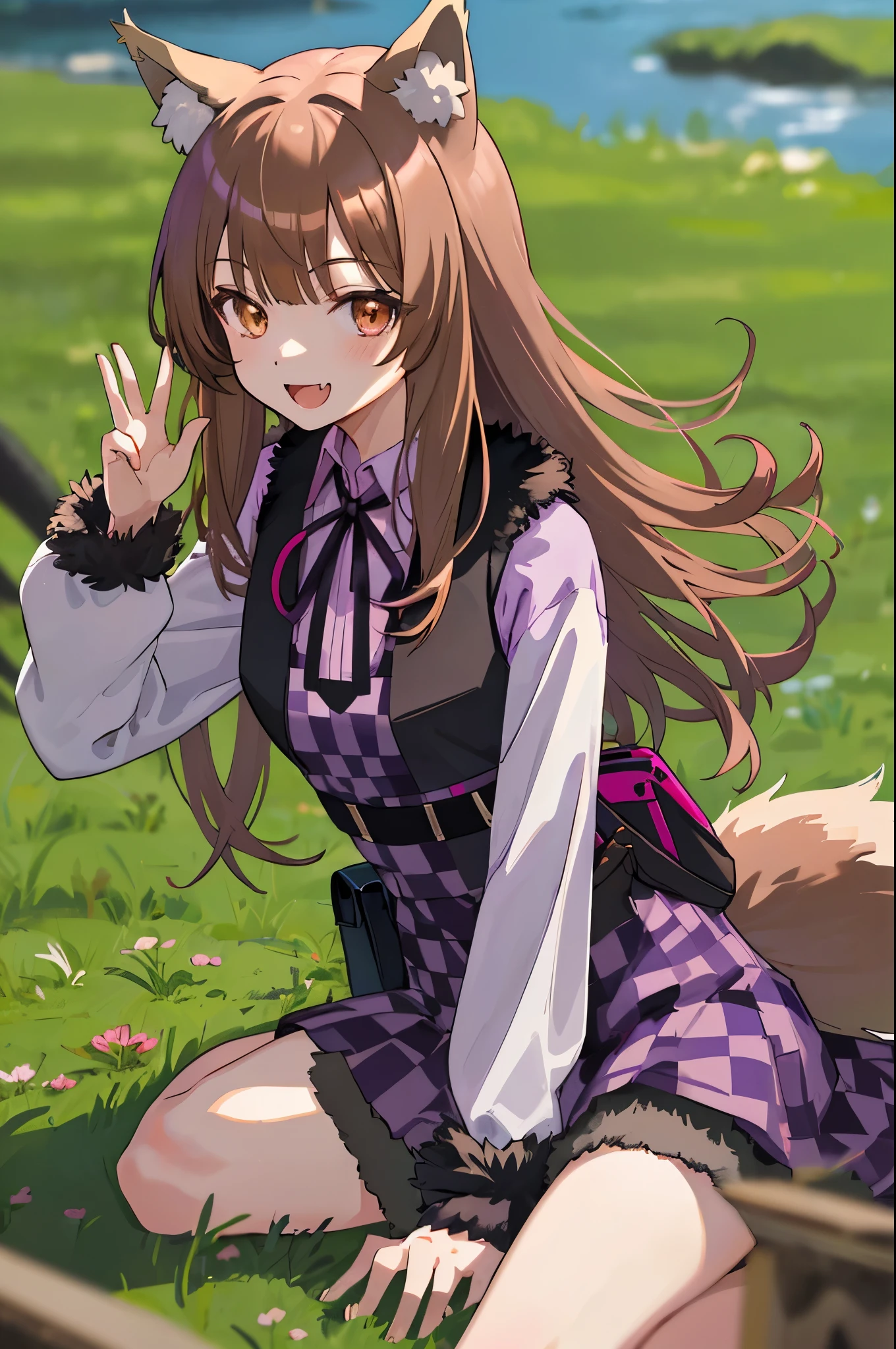 1 girl, portrait, animal ears, bangs, Light brown hair, floating hair, (Holo), (spice and wolf), ((Long sleeve purple shirt)), (black fur lined vest), (black fur lined skirt), (tunic), long hair, outdoors, ((red and pink checkered neck pouch)), (big wide smile), open mouth, fang, slender, ((fur dress)), smile, meadow, solo, (tail), wolf ears, wolf girl, wolf tail, sitting, pouch,  woman