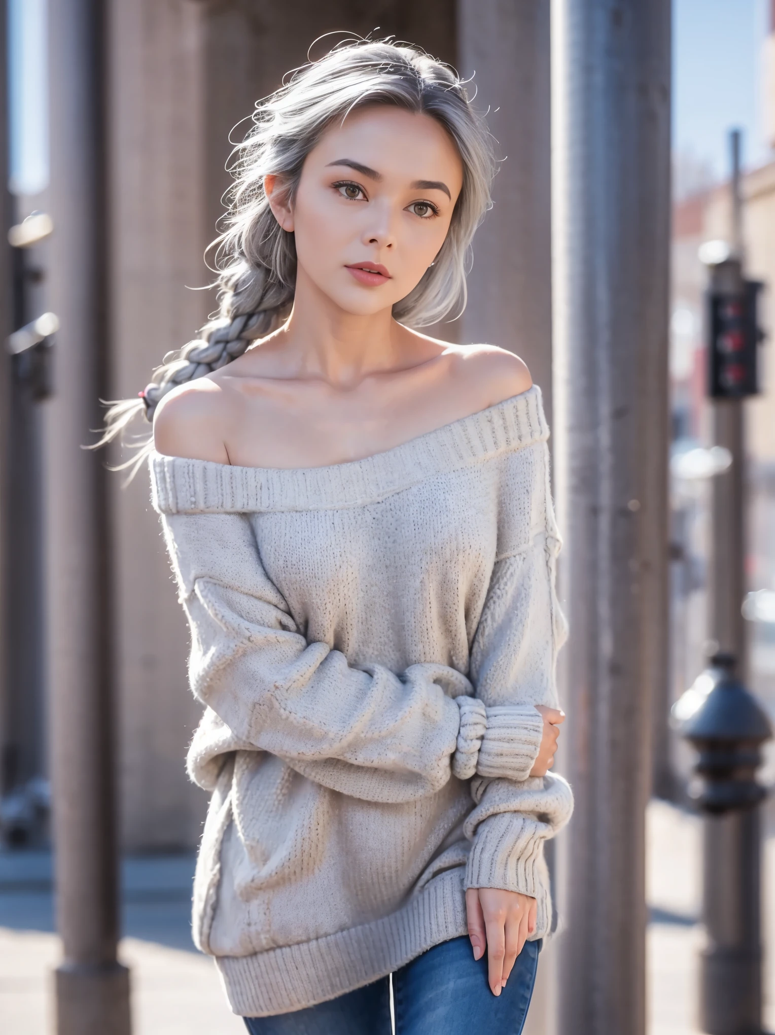 gorgeous cute Austrian girl, Steel gray hair loose braided hair, wearing an off shoulder sweater, low hung sweater,both hands are in walking style,in background the street light pole, backstreet, (city), hip-hop, , perfectly symmetrical face, detailed skin, vivid colours, HDR, hard shadows, art photography, soft focus, masterpiece, breathtaking, atmospheric perspective, diffusion, pore correlation, skin imperfections, 80mm Sigma f2, depth of field, intricate natural lighting