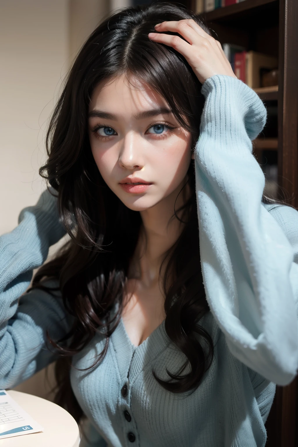 ice blue eyes, long curly hair , brown skin