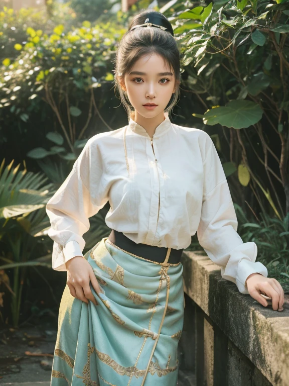 (masterpiece), (best quality), (ultra detailed),(disheveled hair),(illustration), (1girl), (old Fashionable burmese clothing), standing, ild Fashion model, looking at viewer, (interview), (simple background),beautiful detailed eyes, delicate beautiful face, Floating,(high saturation),(colorful splashes),(shining), focus on face, ponytail, kamisato ayaka, light blue hair, bangs, hair ring, floating flowers, floating hairs, (shining), best lighting, best shadow,(best quality,8k,highres,masterpiece:1.2),ultra-detailed,(realistic,photorealistic,photo-realistic:1.37),beautiful expressive eyes,long eyelashes,beautiful detailed lips,(((big ))),(big buttocks))),detailed hair and face, acmm ls outfit, wearing acmm top, yellow green acmm top, long sleeves, wearing acmm long skirt, gold green acmm long skirt, printed skirt, vintages photography, old photos style,