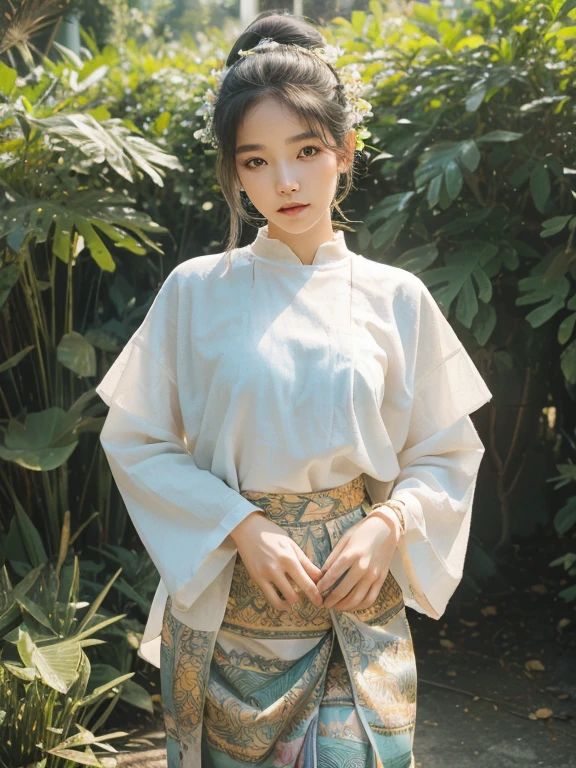 (masterpiece), (best quality), (ultra detailed),(disheveled hair),(illustration), (1girl), (old Fashionable burmese clothing), standing, ild Fashion model, looking at viewer, (interview), (simple background),beautiful detailed eyes, delicate beautiful face, Floating,(high saturation),(colorful splashes),(shining), focus on face,  ponytail, kamisato ayaka, light blue hair, bangs, hair ring, floating flowers, floating hairs, (shining), best lighting, best shadow,(best quality,8k,highres,masterpiece:1.2),ultra-detailed,(realistic,photorealistic,photo-realistic:1.37),beautiful expressive eyes,long eyelashes,beautiful detailed lips,(((big ))),(big buttocks))),detailed hair and face, acmm ls outfit, wearing acmm top, yellow green acmm top, long sleeves, wearing acmm long skirt, gold green acmm long skirt, printed skirt, vintages photography, old photos style, 