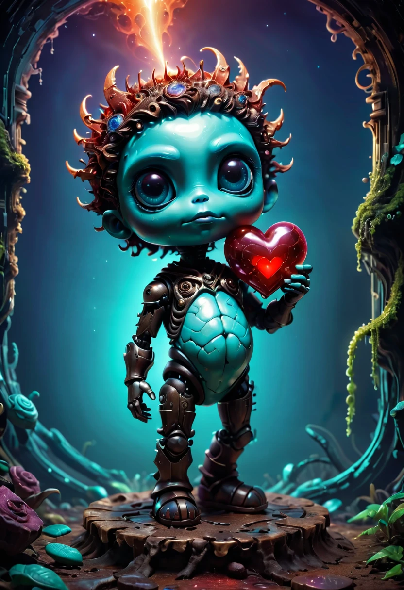 A very cute little voodoo doll，Holding a heart in his hand, author：Tadeusz Brzozowski, ZBrush Central Competition Champion, Pop surrealism, Brown and cyan color scheme, Complex images, Voodoo&quot;, needle, Keep your eyes open, User photo, benjamin lacombe, iPhone background, Very cute and childish, concierge, eliminate, 50, Very, very complicated, microphone, by Brian M. Viveros, Created by Pixar concept artists, by Ed Ross, Jeff Koons, Brandon Wolfel, by Ryohei Hase, by Sean Kos, by Banks, author：Anna Fossley, generative art, The body has black and red lava, 3d fractal, Beautiful bone structure, Made entirely of gradients, 复杂的皮肤图案texture, Cervical awakening, Just a joke, Digital art, amazing depth, biomorphic, a realistic, Inspired by Grytė Pintukaitė, Instagram, photorealism, There are signs of rusty machinery, watercolor patch, 🤠 use a 🖥, Airbrush on canvas, rugged, complex composition!!, Museum works, Colorful, metal art, desaturate!! excellent, max denison night sky, Star, amazing, Something that doesn't even exist, mythical character, vitality, molecular, texture, iridescent and luminous scales, amazing美丽, Pure perfection, divine being, memorable, touching, amazing美丽, Volumetric light, halo, Rays, vivid color reflection ,3D style