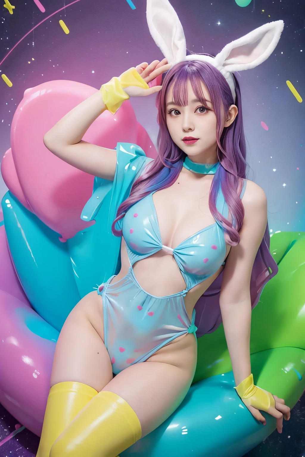 Bunny girl covered in slime、Colorful slime covered leotard bunny suit、Full body Esbian、、 colorful hair、