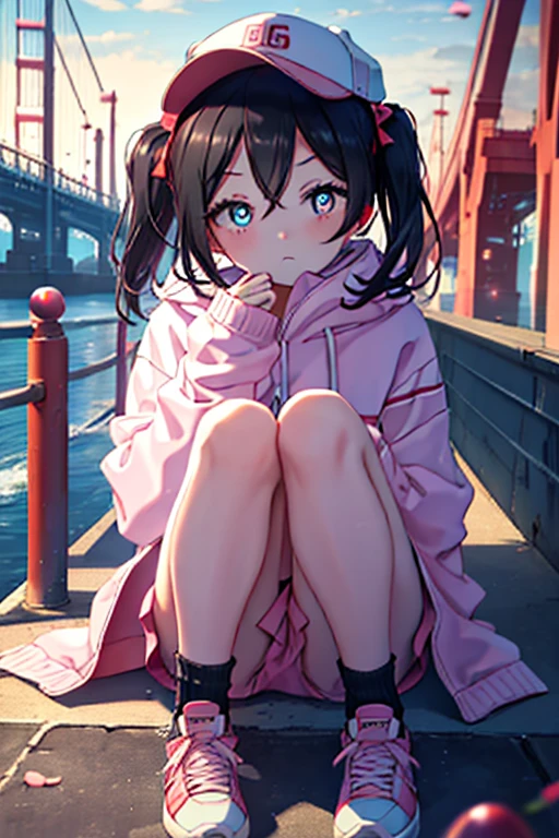 highest quality, masterpiece, High resolution, alone, {Nico Yazawa　lovelive:1.15}, black hair, red eye, Long Straight, bangs, 1 girl,  hat,Pink hoodie,Tabo Dabo G bread,brown high cut sneakers,Under the bridge,graffiti on bridge pillars,sitting leaning against a pillar,blowing bubblegum,Hip Hop Fashion,graffiti wall,(masterpiece:1.2), highest quality, High resolution, unity 8k wallpaper, (figure:0.8), (beautiful and fine eyes:1.6), highly detailed face, perfect lighting, Very detailed CG, (perfect hands, perfect anatomy),